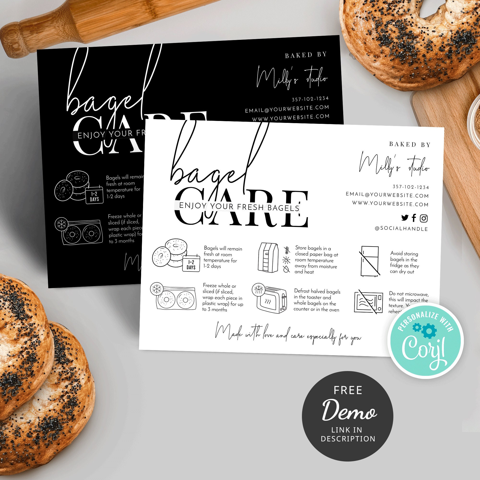 Bagel Care Instructions Card Template, Minimalist Bread Roll Storage ...