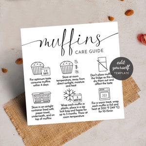 Onderhoudskaartsjabloon muffins, aangepaste instructies voor opslag en opwarmen voor muffin, minimalistisch zwart-wit, elegante gids voor bakkerijverzorging, M-004
