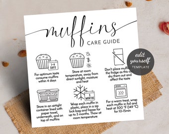 Peut inclure: Guide illustré en noir et blanc pour le stockage des muffins. Le guide comprend des instructions pour le stockage des muffins à température ambiante, la congélation des muffins et le réchauffage des muffins. Le guide comprend également un avertissement de ne pas stocker les muffins au réfrigérateur.
