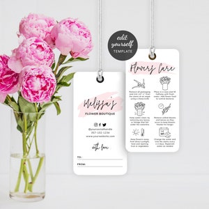 Florist Hang Tag Template, bedruckbare Blumen Pflegeanleitung, benutzerdefinierter Strauß Pflegeanleitung feminin, frische Blüten Pflegetipps, PW-001