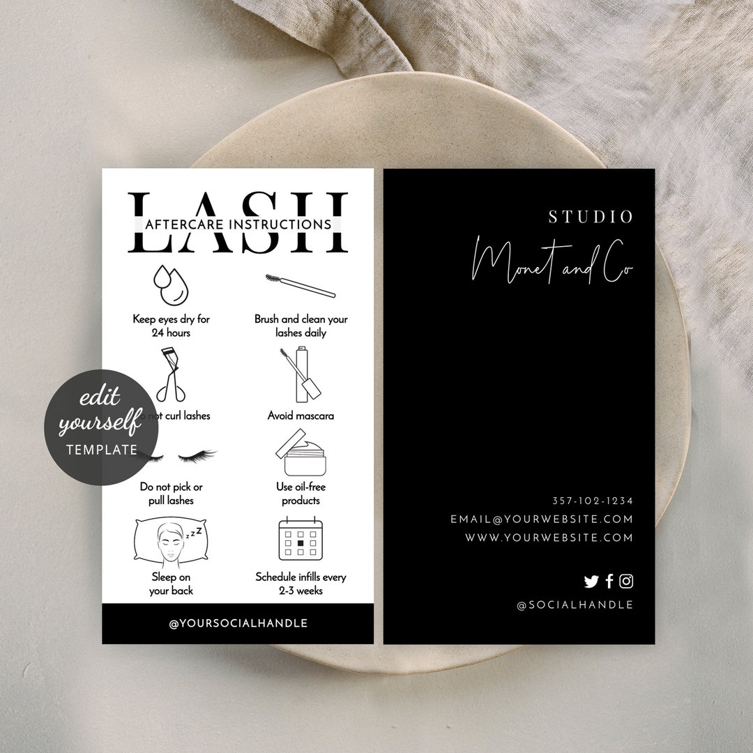 Lash Extensions Aftercare Template, Minimalist Lashes Care Card, Custom ...