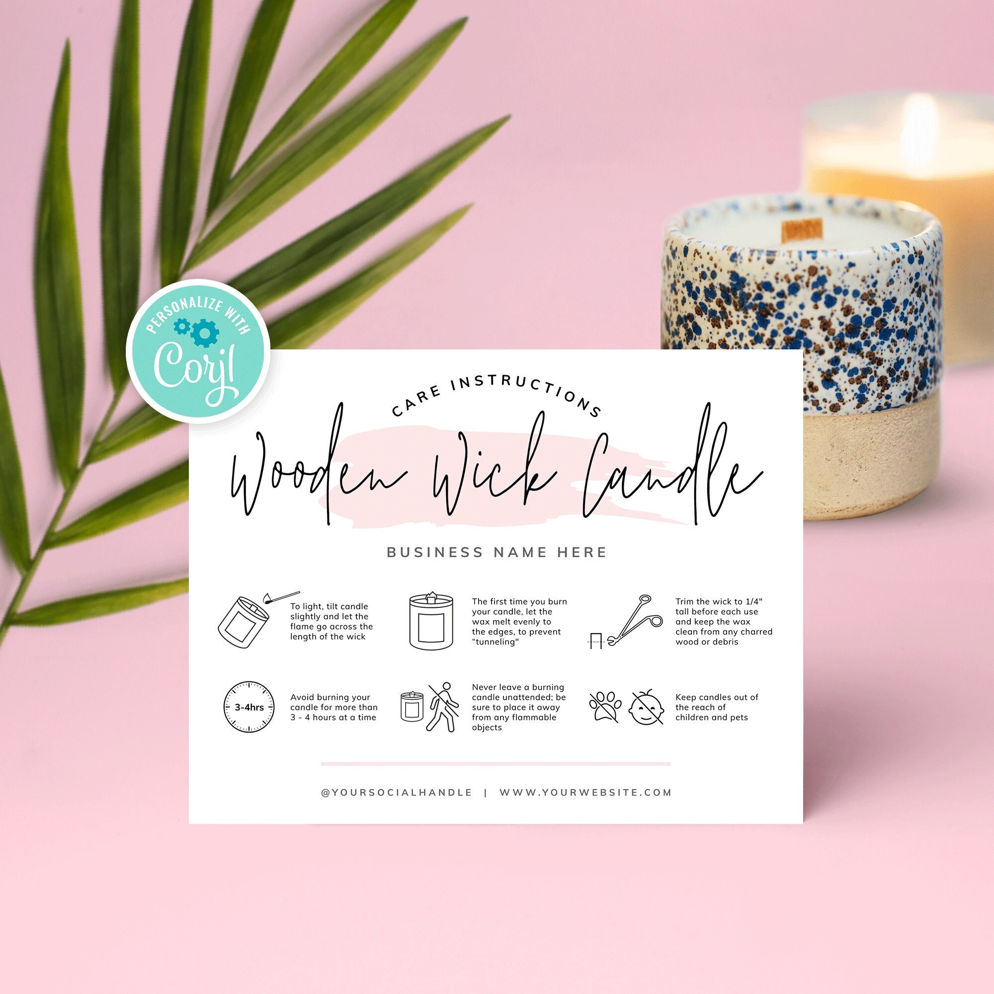 Editable Candle Care Card, Printable Candle Care Template, Pink Watercolor  Candles Care Guide, Candle Safety Card Design, Instant, PW-001