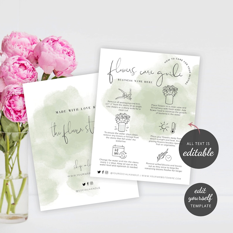 Cut Flowers Care Card Template Editable Florist Bouquet Care Etsy