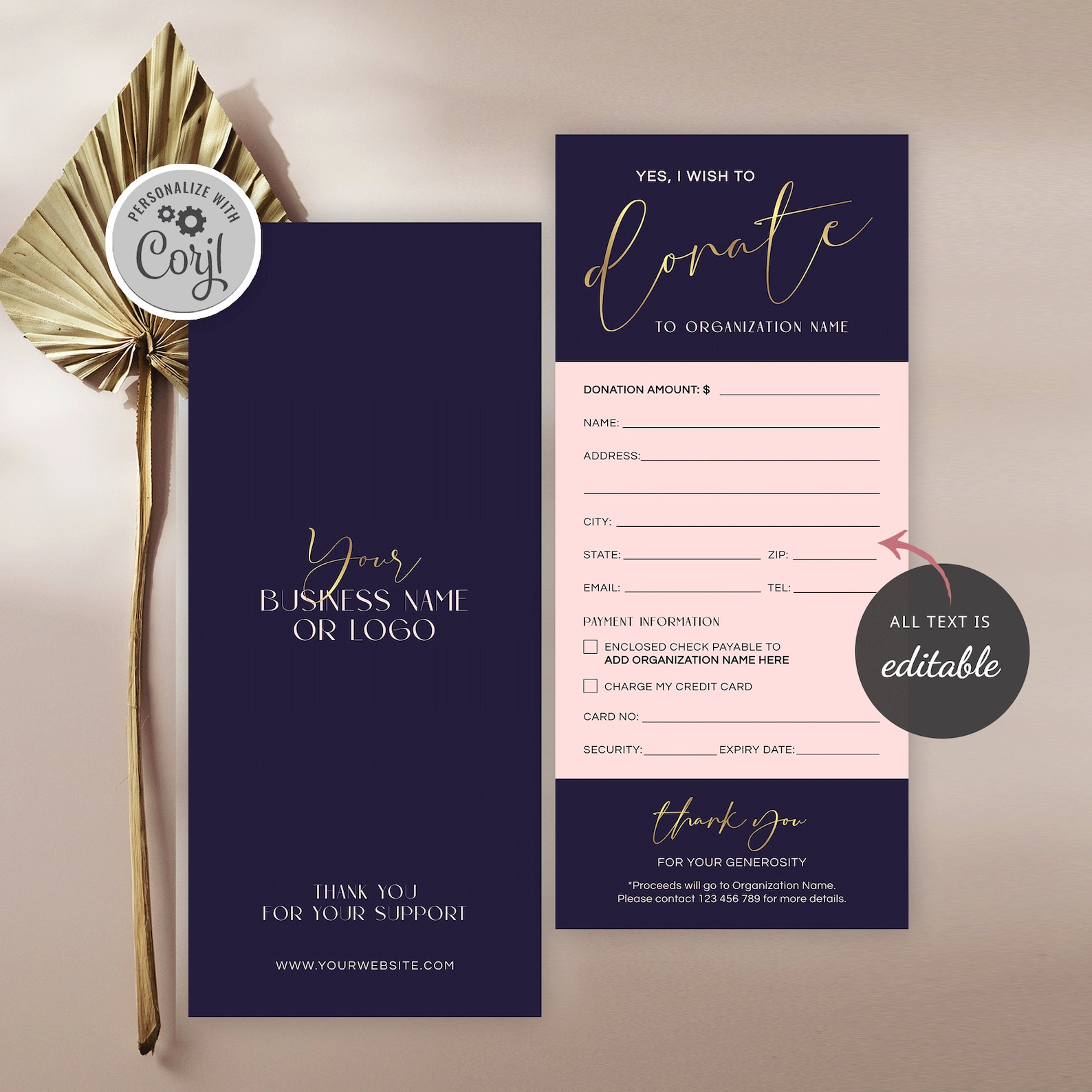 Editable Donation Card Template, Navy & Gold Fundraiser Donor Form ...