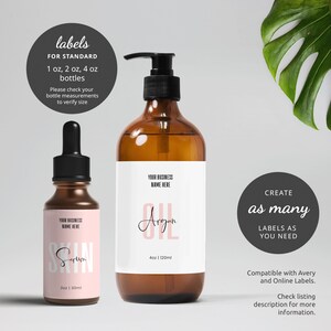 May include: Two amber glass bottles with labels. The larger bottle is 4 ounces and contains argan oil. The smaller bottle is 2 ounces and contains skin serum. Both bottles have white labels with pink text and a black and white business name.