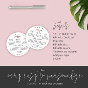 May include: A set of three round printable warning labels for candle safety. The labels are 1.5", 2", and 3" in diameter and feature a black and white design with a pink and gold accent. The labels are editable and include three color options. The text on the labels reads "Warning: Safety Guide" and includes safety instructions for using candles. The labels are designed to be used with Corjl.com.