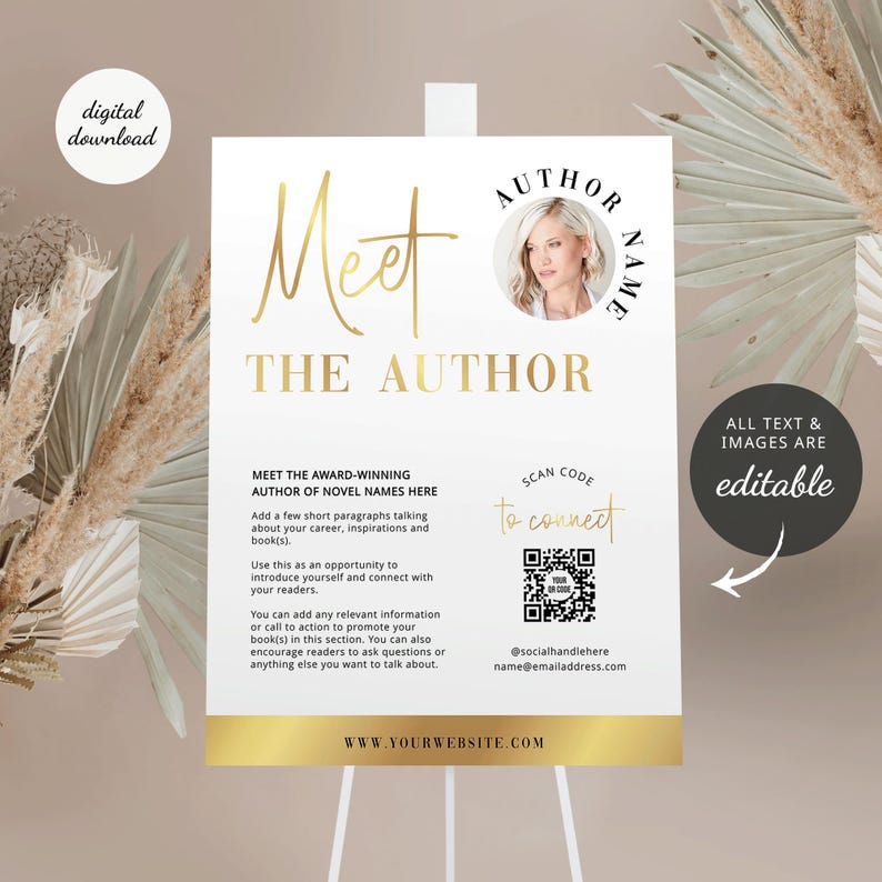 Meet the Author Sign Template, White & Gold Book Signing Event Poster ...