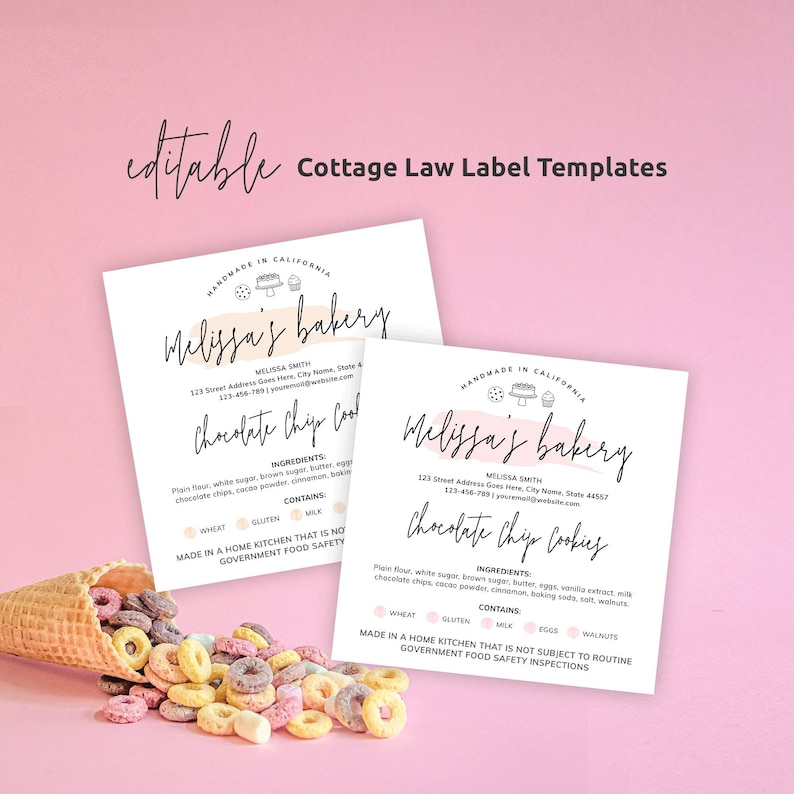 Editable Cottage Law Labels Template, Feminine Cookies Ingredients Labels, Custom Home Bakery Stickers, Printable Food License Label, PW-001 image 1