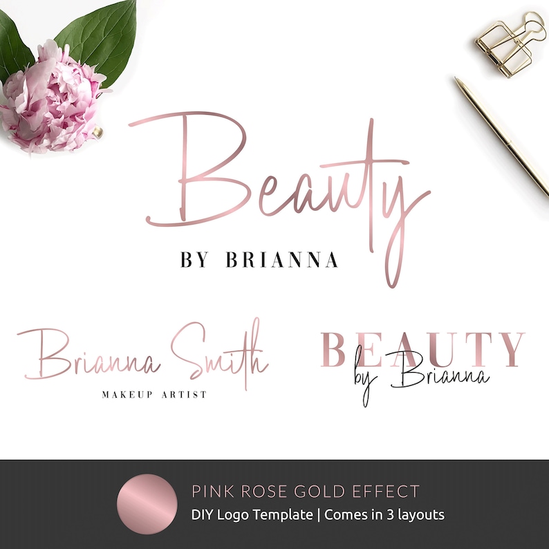 Rose gold metallic effect beauty business logo template. Includes three variations with big pink gold handwritten text. All text is editable and the logo can be edited to suit any type of business, beauty bars or boutiques.