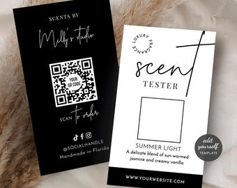 Plantilla de tarjeta de muestra de aroma, muestrario de fragancias para velas, minimalista en blanco y negro, tarjetas de prueba de perfume personalizables de 8,9 x 5 cm, M-002