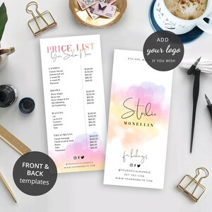 Editable boutique pricing menu design with waterbrush background. This summer theme pricelist template includes front and back templates at 4x9" size and includes space for your products pricing, you can even insert your logo to this pricelist
