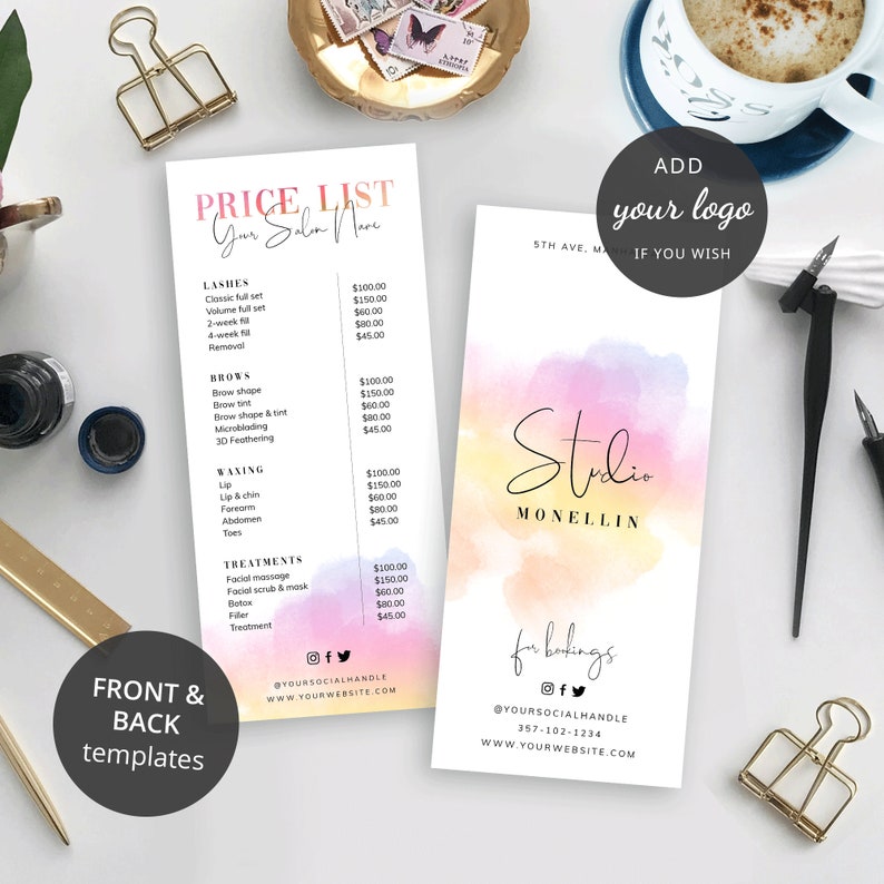 Editable boutique pricing menu design with waterbrush background. This summer theme pricelist template includes front and back templates at 4x9" size and includes space for your products pricing, you can even insert your logo to this pricelist