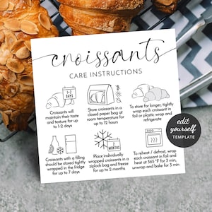 Croissants Care Card Template, Minimalist Fresh Pastry Storage Guide, Black & White, Customizable Bakery Care Instructions 2.5x2.5" M-004