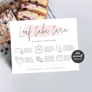 Loaf Cake Care Card Template, How to Store Pound Cakes Instructions, Pink Watercolor, Rectangle Pan Cake Bakery Guide Printable, PW-001