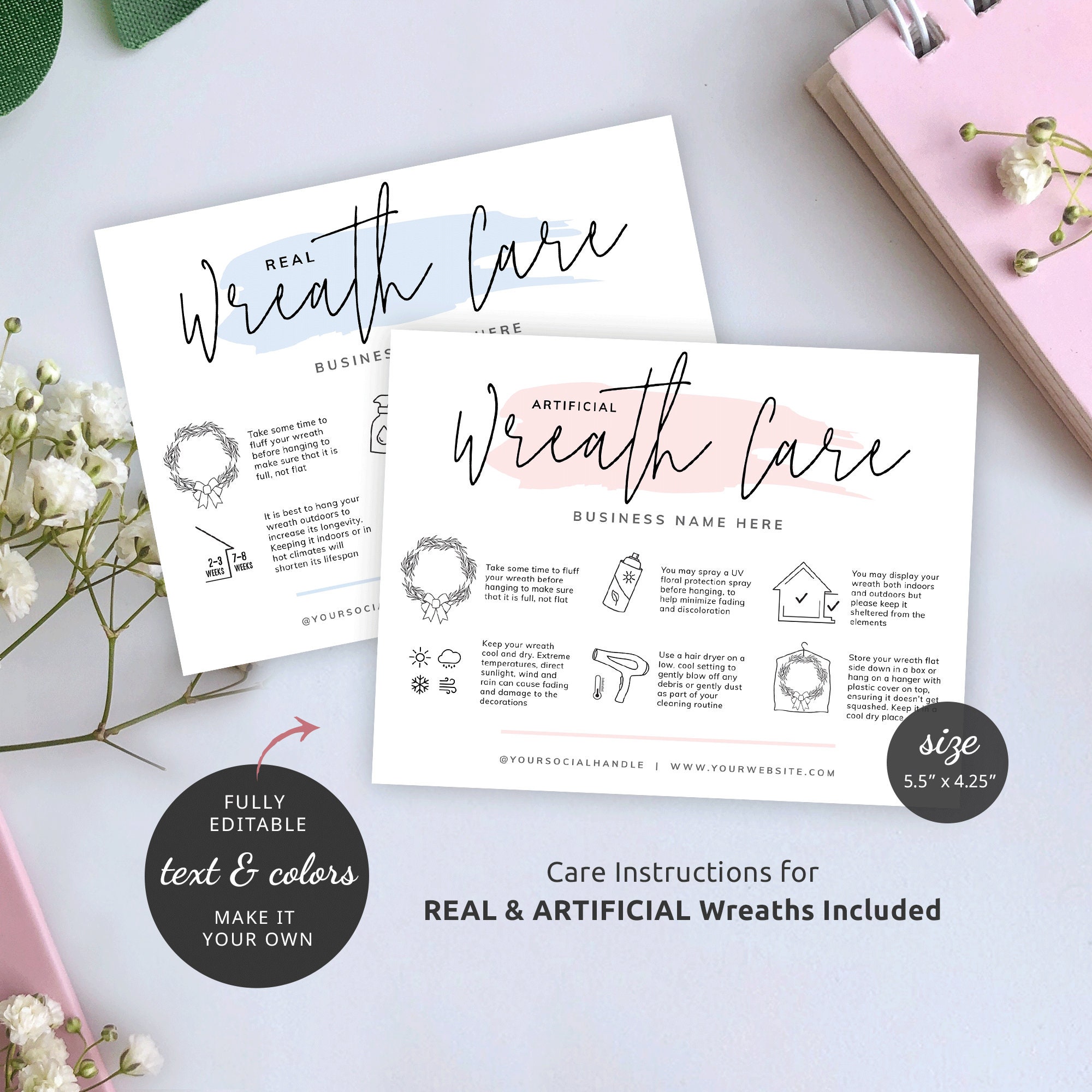 Wreath Care Card Template Artificial Wreath Care Etsy