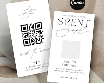 May include: Two white business cards with black text. One card has a QR code and the words "scan to order". The other card says "Scent Sample" and "Vanilla Summer". The cards are on a neutral background.