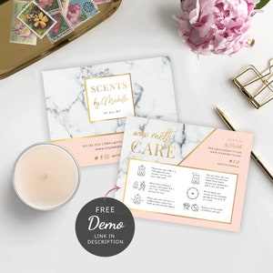 May include: A pink and white marble card with gold text that reads "wax melts care" with instructions on how to use wax melts. The card also has a gold logo that reads "Scents by Michelle" and contact information.