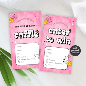 Modèle de billets de tombola rétro groovy, rose girly pour gagner des cartes de visite, billet d'entreprise personnalisable pour le tirage au sort, coupon de participation au jeu festif
