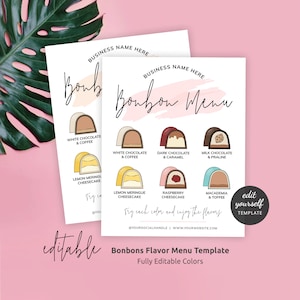 DIY Bonbon Flavor Menu Template, Feminine Chocolates Flavors Sign, Printable 8x10" & 5.5x4.25" Choc Candy Flavours Card, Bakery Menu PW-001