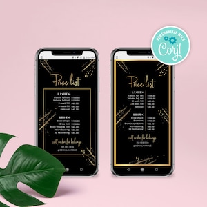 Instagram Price List Template, Digital Price List, Beauty Salon Price Guide Design, Social Media Price Menu, Black & Gold Insta Stories Menu