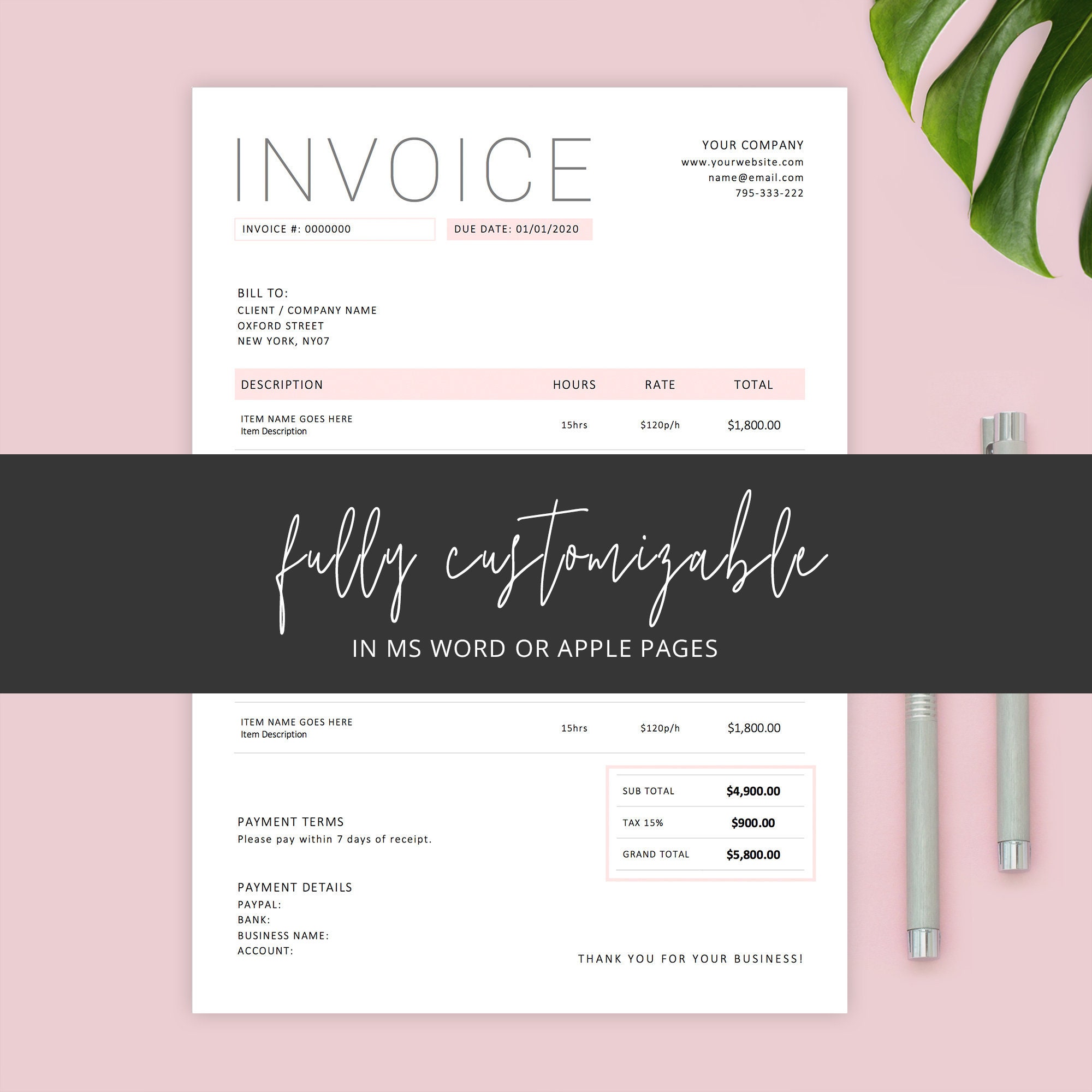 Invoice Template Word, Editable Invoice, Apple Pages, Custom Order Form,  Photography Invoice Template, Printable Billing Form, Instant With Regard To Invoice Template For Pages