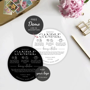 May include: Black and white candle safety instructions label with the text "WARNING! CANDLE SAFETY INSTRUCTIONS" and icons. The label also includes the text "VANILLA MIST 8 OZ | 220g" and "BUSINESS NAME HERE".