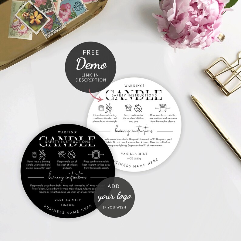 May include: Black and white candle safety instructions label with the text "WARNING! CANDLE SAFETY INSTRUCTIONS" and icons. The label also includes the text "VANILLA MIST 8 OZ | 220g" and "BUSINESS NAME HERE".