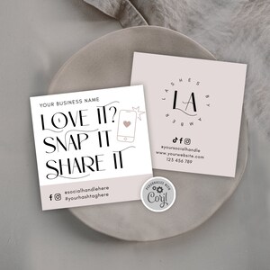 Aangepaste Love Snap Share-kaartsjabloon, moderne vierkante sticker delen op sociale media, afdrukbare bijsluiter tag ons en volg ons, TW01