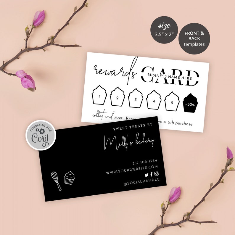 Cupcake Loyalty Card Template, Bakery Stamp Cards, Minimalist Coffee Shop Rewards Card, Editable Customer Discount Punch Cards, M-002 image 4