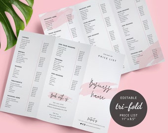 Editable Price List Template, Tri-Fold Pricing List Design, Printable DL Trifold Menu, Salon Price Guide, Pink Water Brush, Instant, PW-001