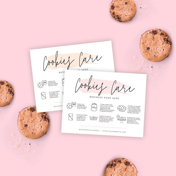 Editable Cookies Care Card, Printable Cookie Care Template, Pink