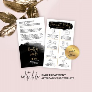PMU Aftercare Card Template, Customizable Permanent Makeup Care Guide, Aesthetician Care Instructions, Black Watercolor & Gold, BW-001