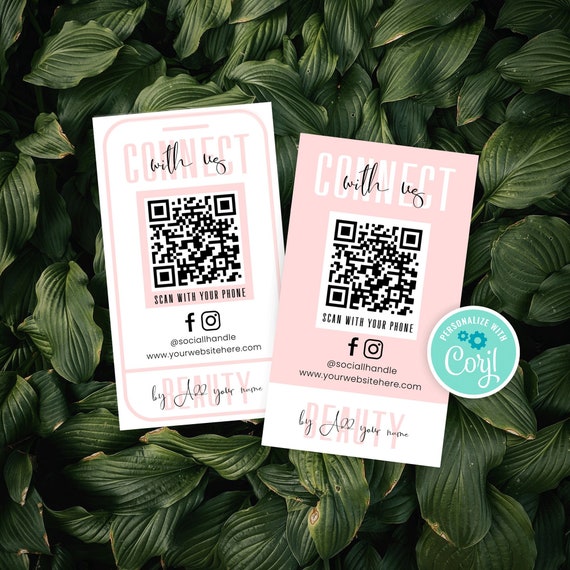 Social Media QR Code Business Cards Template, Editable Connect With Us QR Code Cards, Printable Follow Us Cards Feminine Pink Design, P01