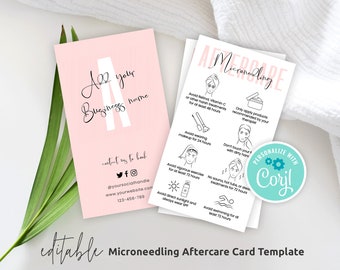 May include: Pink and white business card template with the text "Add your business name" and contact information. The other side of the card has a list of aftercare instructions for microneedling, including avoiding retinol, makeup, exercise, hot tubs, and swimming for a certain amount of time. The card is personalized with the name "Coril".