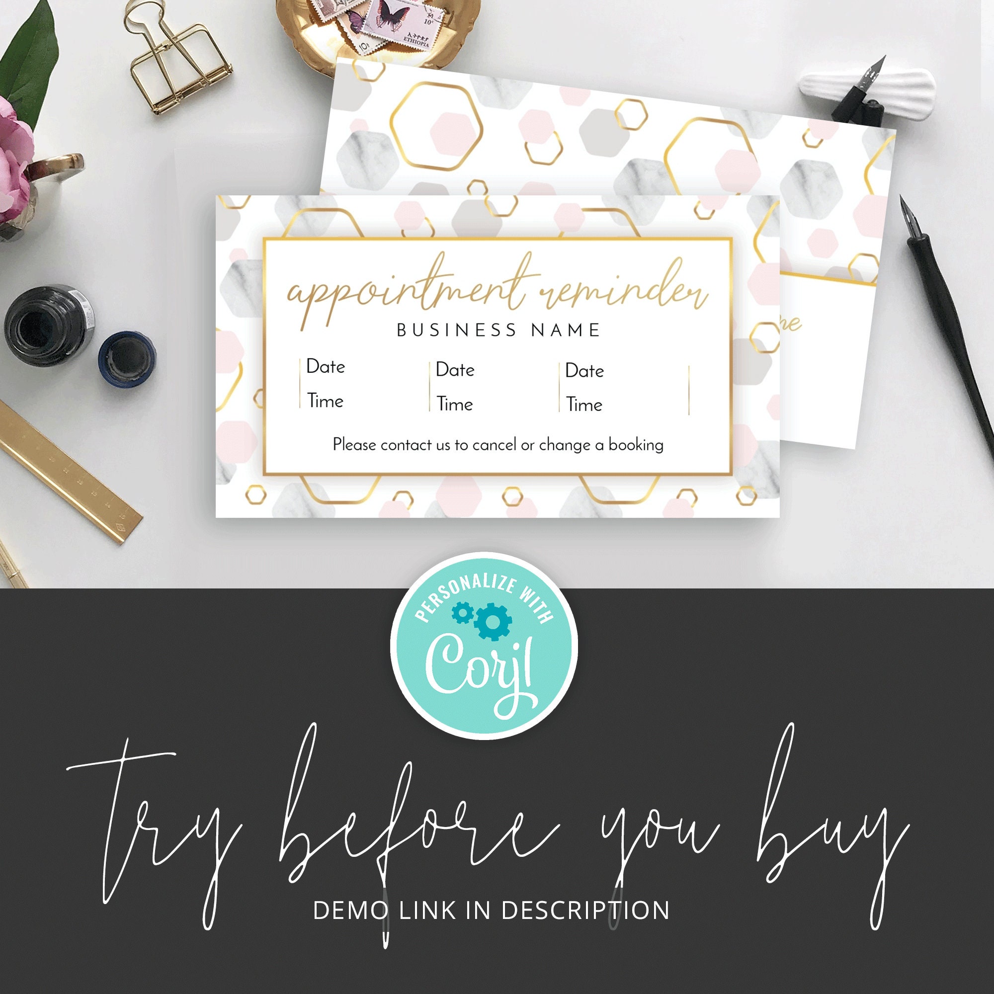 Marble & Gold Appointment Reminder Card Template Editable Etsy