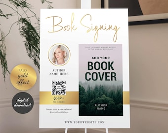 Book Signing Sign Template, Faux Gold Book Promotion Foam Board Design, Book Cover Poster 18x24" 24x36", Printable Author Signage, GF-01