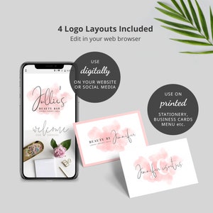 Pu&ograve; includere: Quattro design di logo per un'azienda di bellezza. I loghi presentano uno sfondo acquerellato rosa con il nome dell'azienda in corsivo nero. Il testo "Usa digitalmente sul tuo sito web o sui social media" e "Usa su carta intestata stampata, biglietti da visita, menu, ecc." &egrave; incluso.