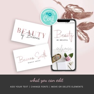 May include: Three business card mockups featuring a rose gold colour scheme. The first card reads "Beauty by Brianna" in a bold, sans-serif font. The second card reads "Brianna Smith Makeup Artist" in a cursive font. The third card is a phone screen mockup with the text "Beauty by Brianna" and "Welcome to our services".