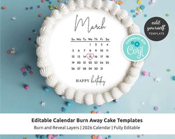 Burn Away Cake Templates: Custom 2026 Calendar Round Cake Minimalist Design, Digital Download, M-002