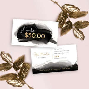 Modelo de vale-presente MINI, cartões-presente instantâneos para pequenas empresas, design de vale-presente preto e dourado, vale-presente eletrônico festivo editável, BW-001