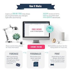 K&ouml;nnte beinhalten: Eine Grafik, die zeigt, wie man Corjl verwendet, ein Online-Tool zum Personalisieren und Drucken von Designs. Die Grafik zeigt einen Computerbildschirm mit einem Link zu einer kostenlosen Demo, einem Kaufbutton, einem Personalisierungsbutton und einem Druckbutton. Die Grafik enth&auml;lt auch Text, der die Schritte erkl&auml;rt, die in jedem Prozess beteiligt sind.