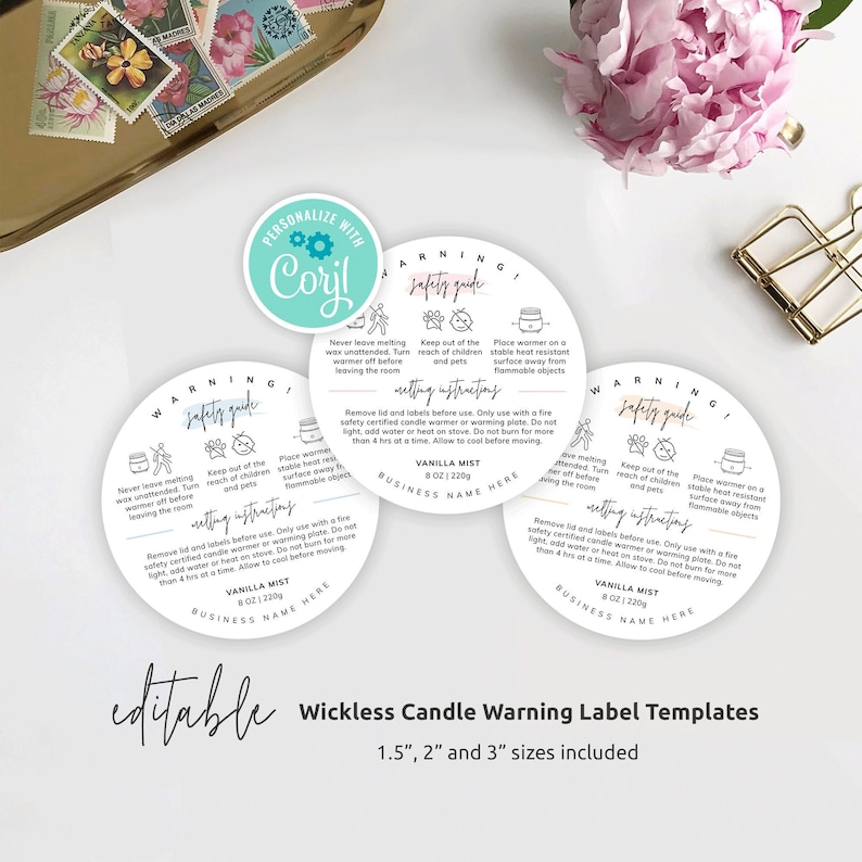 May include: Three round, pink and white warning labels for wickless candles. Each label has a safety guide with instructions for using a candle warmer. The labels are customizable with a business name and the scent of the candle. The text on the labels reads "Warning! Safety Guide", "Melting Instructions", "Vanilla Mist", and "Business Name Here".