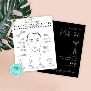 Sjabloon onderhoudsgids gezichtsroller, minimalistisch dermaroller gezichtsdiagram, massage-instructies kwartssteen, bewerkbare schoonheidsverzorging, M-002
