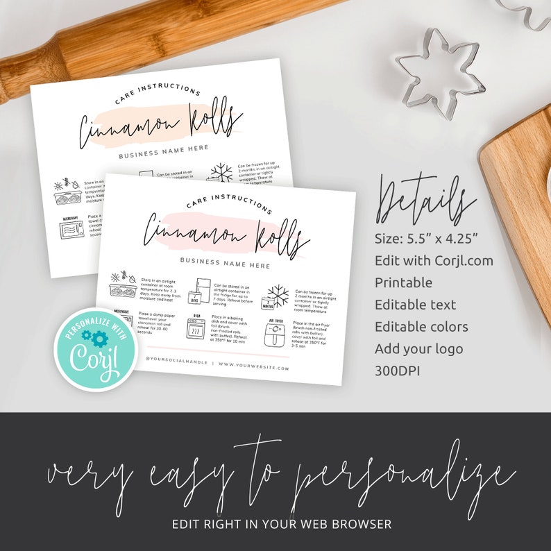 Cinnamon Rolls Care Card Template, Printable Cinnamon Buns Storage and Reheating Instructions, Pink Watercolor Bakery Chef Guide, PW-001 image 3