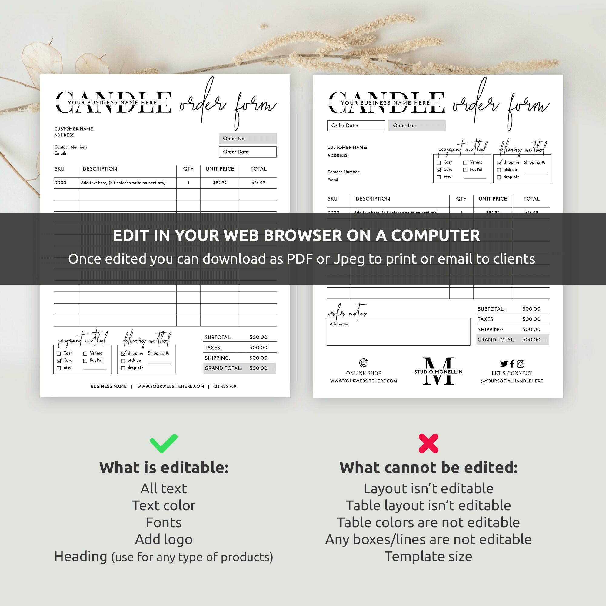 Candle Order Form Template, Editable Product Quotation Form, Printable ...