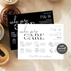 Taart in een pot onderhoudsgidssjabloon, minimalistisch ontwerp, etiketten onderhoudsinstructies caketrommel, aanpasbare onderhoudsnotitie dessert, bakkerij, M-002