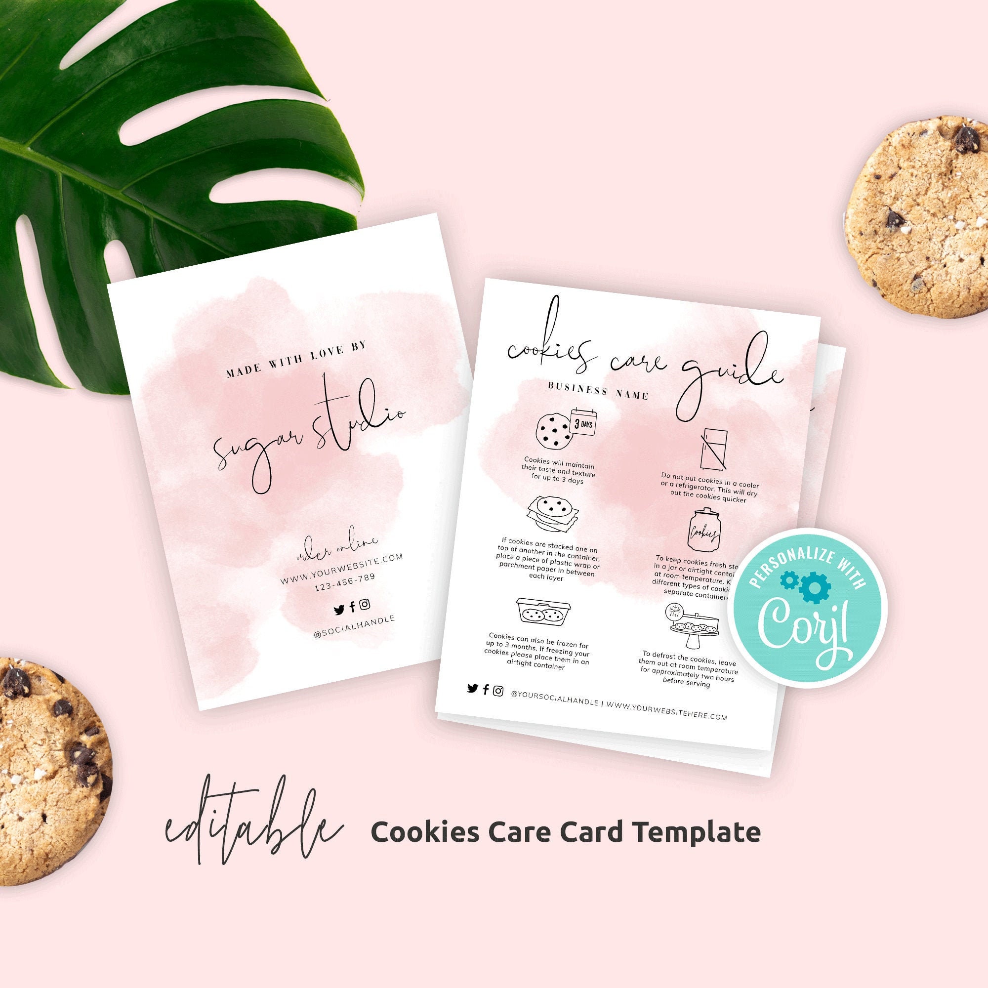 Cookies Care Card Template, Custom Cookies Care Guide, Feminine Watercolor Bakery Care Note Cards, Biscuits Care Instructions, Instant, WS01