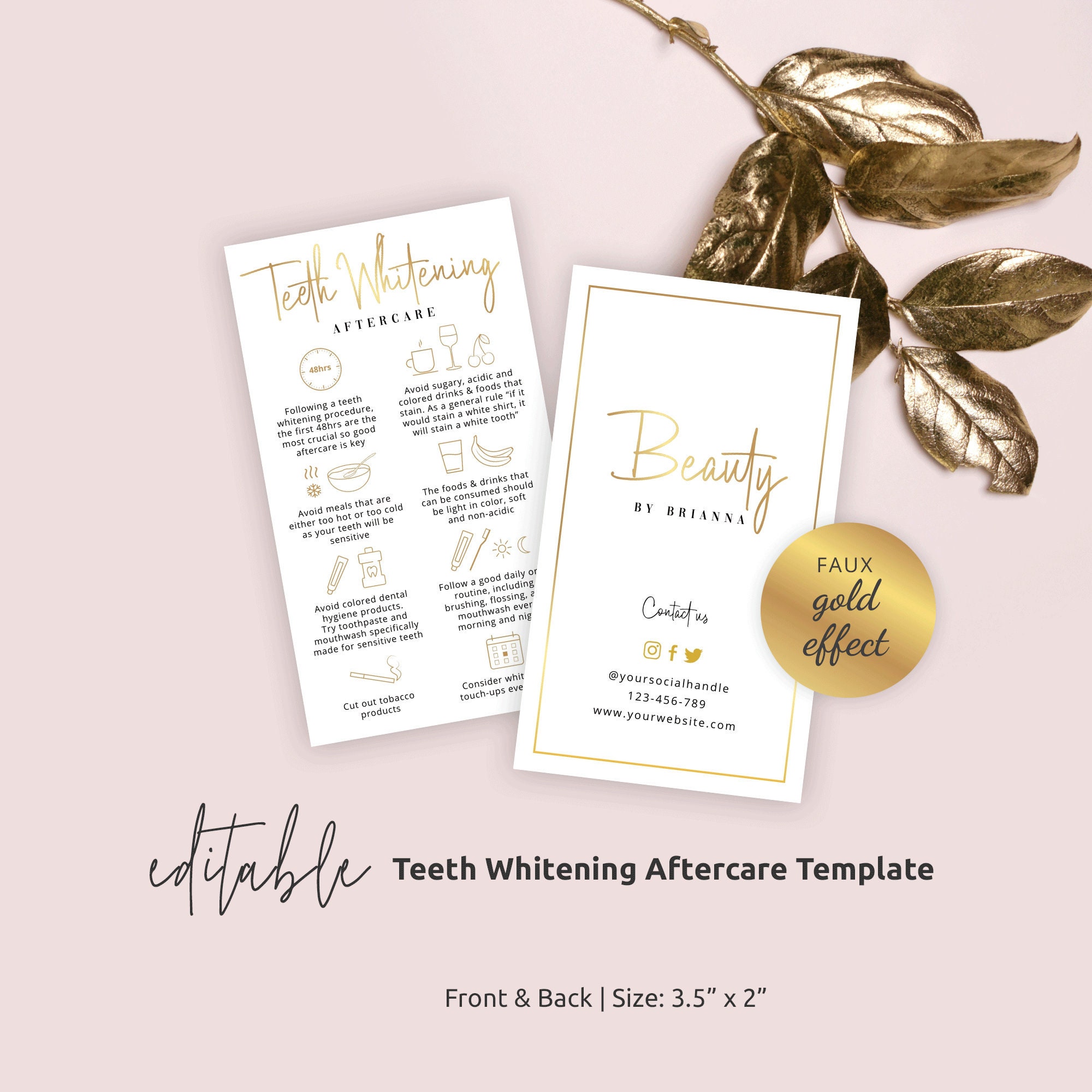 Teeth Whitening Care Card Template Faux Gold Teeth Whitening Etsy