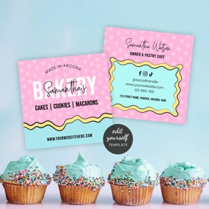 Plantilla de tarjeta de presentación para panadería, diseño de pastel de dibujos animados, tarjetas de contacto de pastelero, tarjetas de presentación de catering de estilo cómic moderno, rosa y azul.