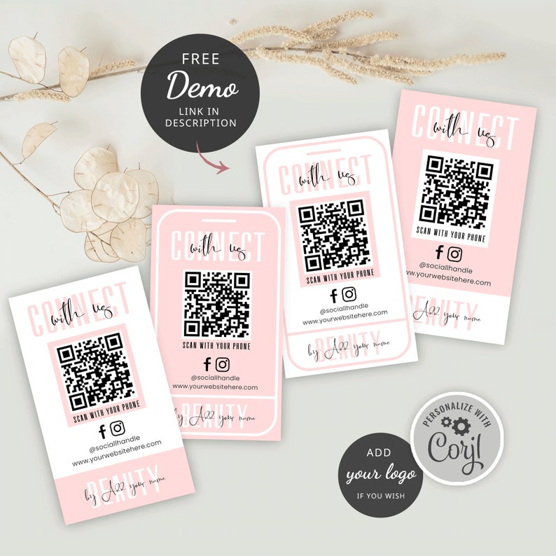 Social Media QR Code Business Cards Template, Editable Connect With Us QR Code Cards, Printable Follow Us Cards Feminine Pink Design, P01 image 4